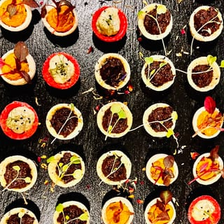 Kleine Tartelettes mit dunkler Füllung und Kräuterspitzen, in Reihen auf Schiefer