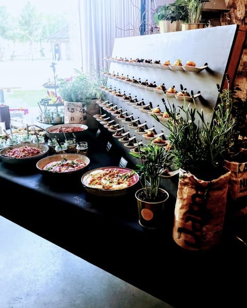 Langes Buffet vor einer Wand voller Porzellanlöffel mit Häppchen, davor Schalen mit Salaten und Kräutertöpfe